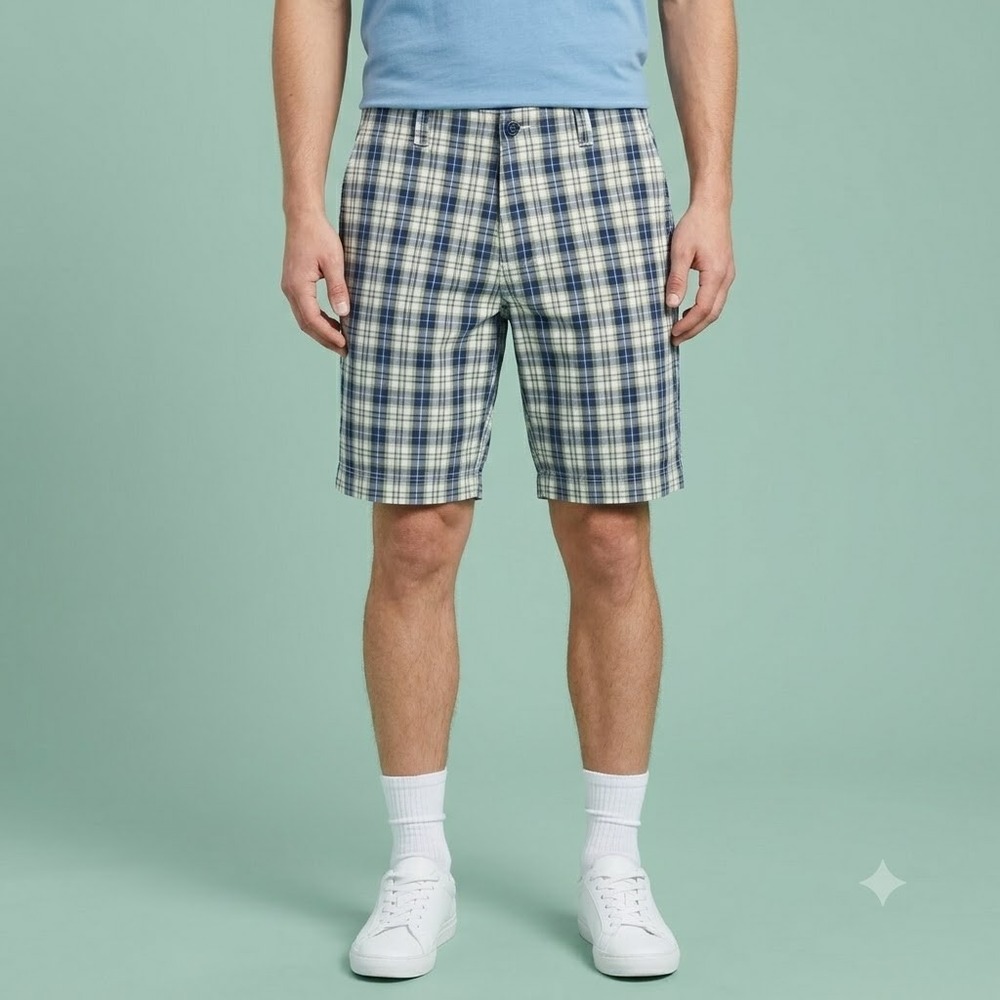 GAP Rugged‎ Short Mens 34 Blue White Plaid Flat Front Cotton Casual Summer